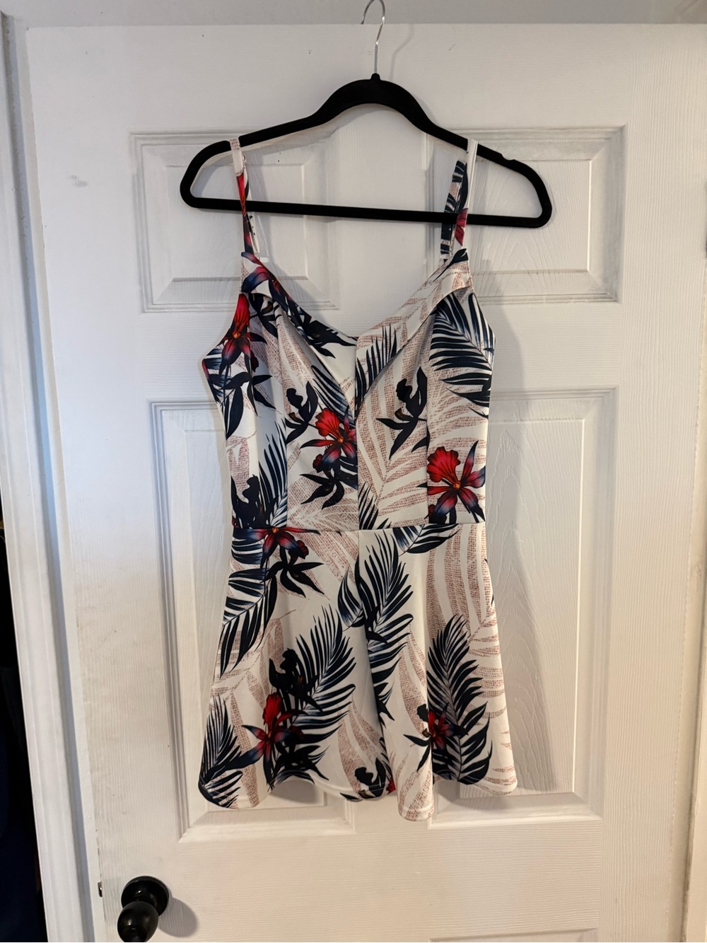 Tropical Floral Spaghetti Strap Romper - Navy & Red on Cream